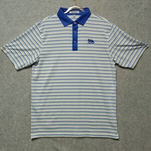 Straight Down Mens Medium Golf Polo Shirt Blue White Stripe Embroidered PGA West